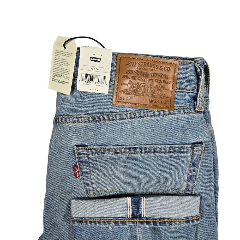 Levis 502 Taper Selvedge Denim Jeans Mens 33x34 Light Wash Cotton Hemp